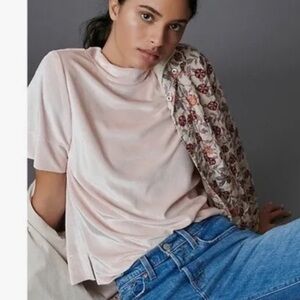 Anthropologie Krisha pink crushed velvet mock neck short sleeve top small